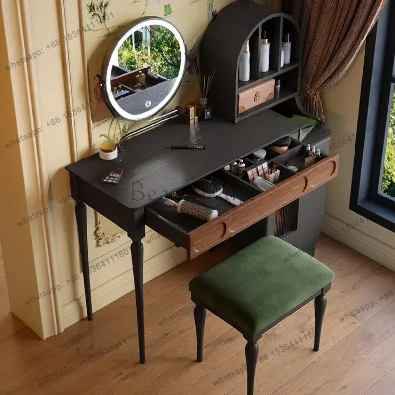 Beauty Makeup Vanity Set - LJYオーガナイザー ブラック バニティテーブル 引き出し付きスツール 大型ビューティーフルセット メイクアップキャビネット