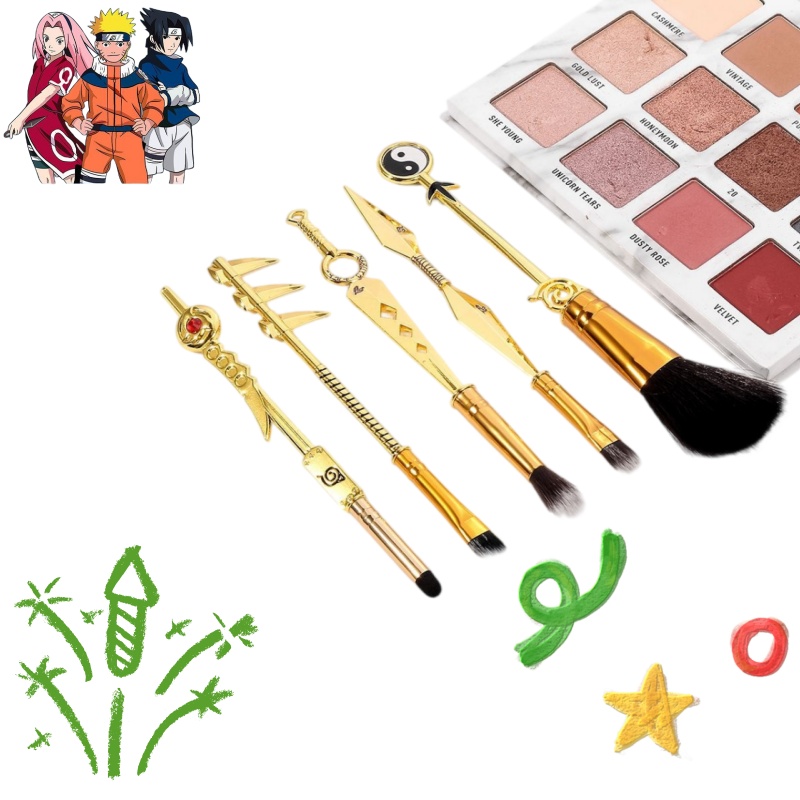 Beauty No Makeup - 「NARUTO」アニメ風メイクブラシ5本セット - 竹刀（クナイ）＆写輪眼をモチーフにしたルースパウダーブラシ＆アイシャドウブラシ、コスプレ用美容ツール